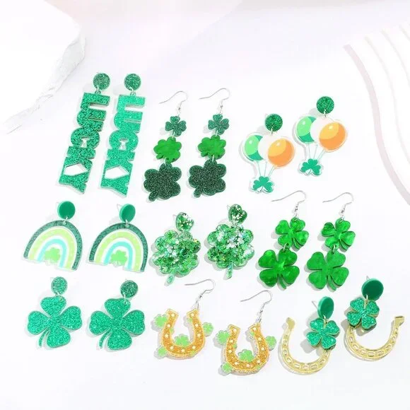 St Patrick's Day Earrings Set 9 Pairs Green Shamrock Clover Festive Dangle Jewel - Picture 8 of 8